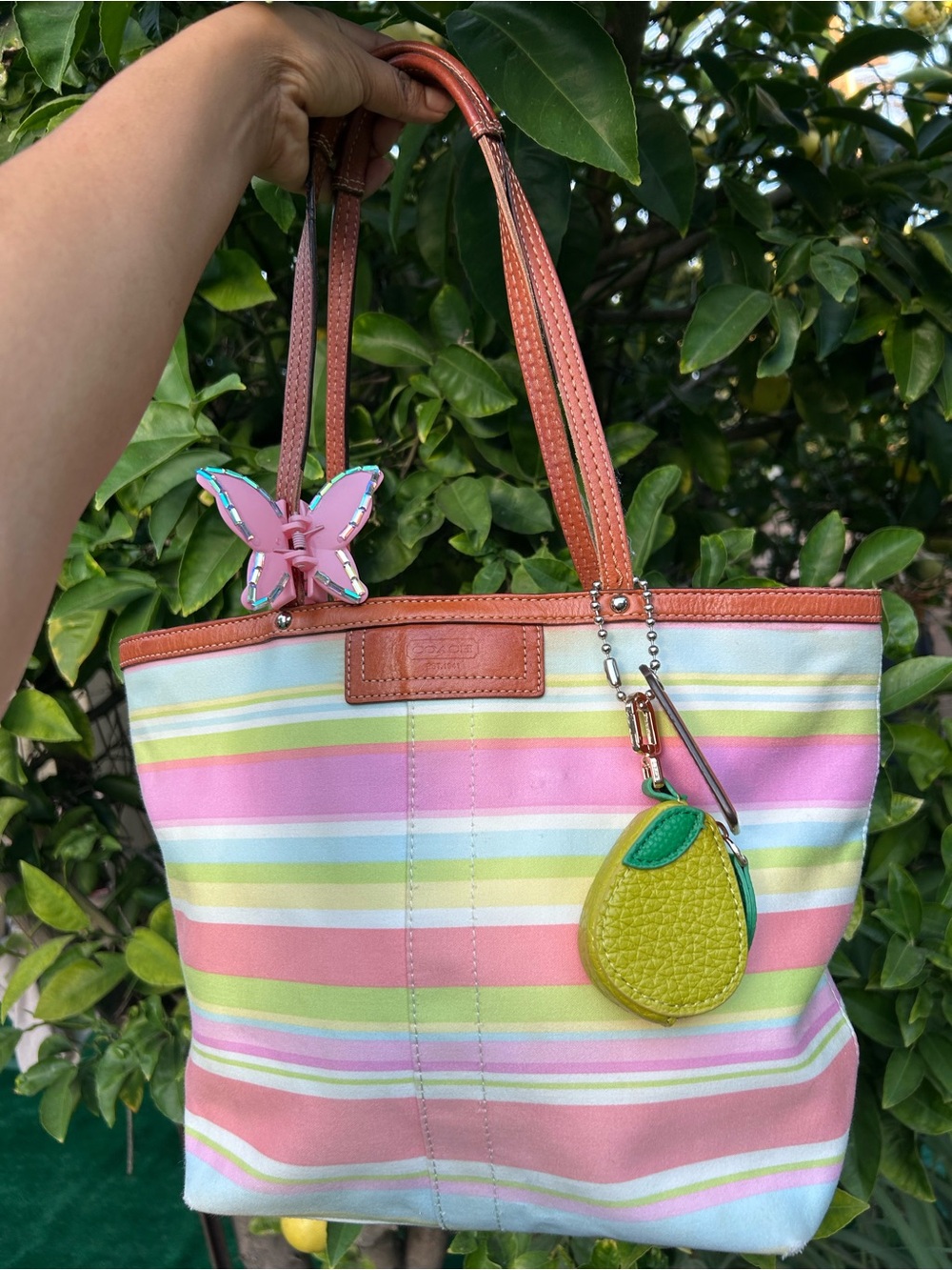 Coach Pastel Striped Tote Bag with Green Pear Charm